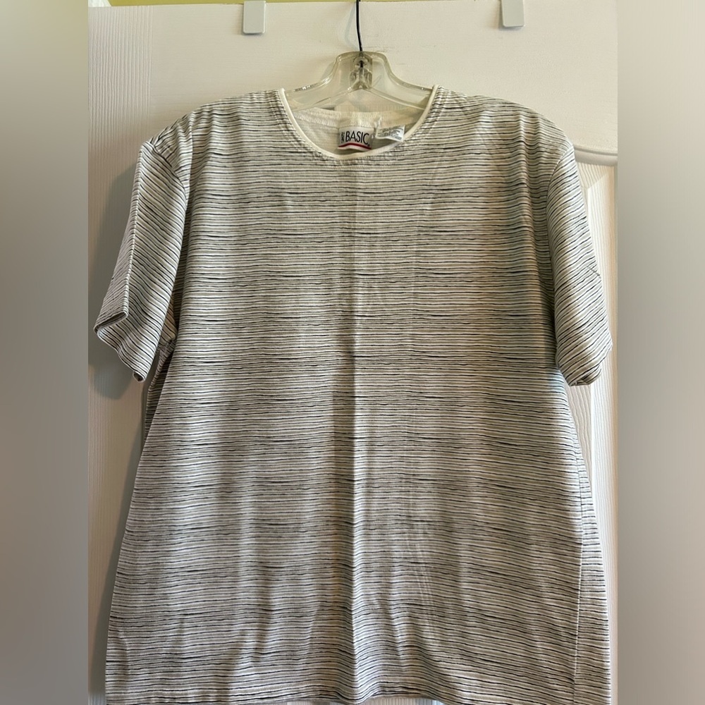 White Tshirt with beige and black stripes